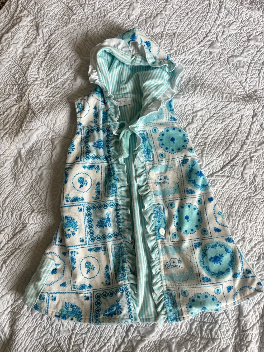 SweetHoney Floral Coquette Aqua and White Hooded Kids Swim Coverup Pockets